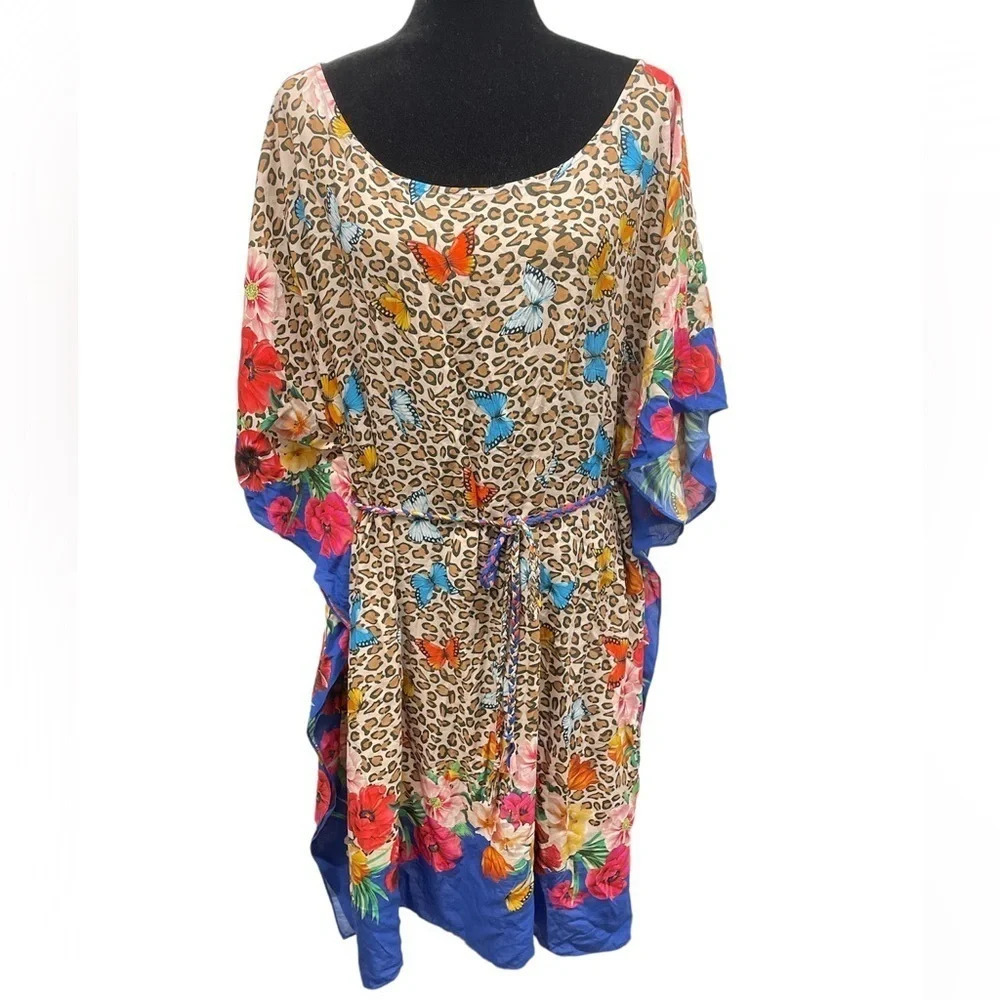 Johnny Was FLEUR KAFTAN DRESS WITH BRAIDED TIE leopard print with butterfly’s